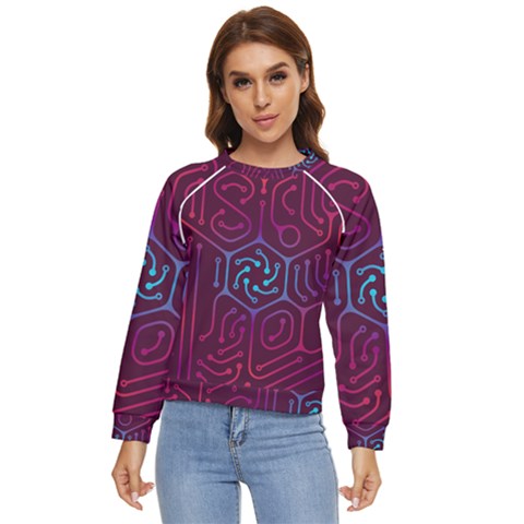 Circuit Hexagonal Geometric Pattern Background Purple Women s Long Sleeve Raglan Tee by Jancukart