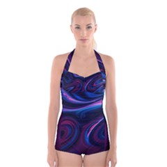 Purple Blue Swirl Abstract Boyleg Halter Swimsuit 