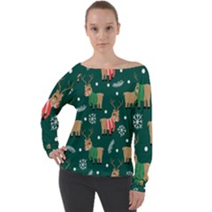 Cute Christmas Pattern Doodle Off Shoulder Long Sleeve Velour Top by Semog4