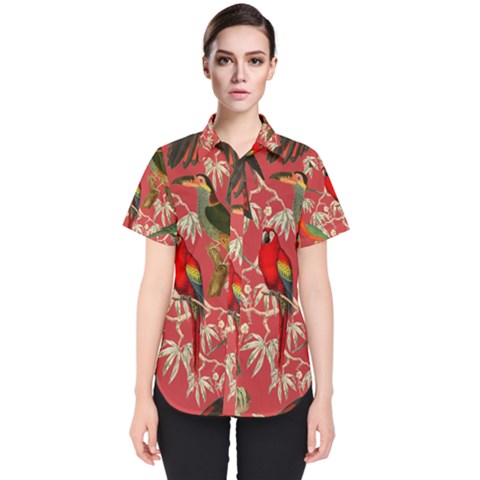 Vintage Tropical Birds Pattern In Pink Women s Short Sleeve Shirt by CCBoutique