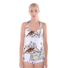 Cat Playing The Violin Art Boyleg Halter Swimsuit 