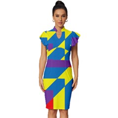 Colorful-red-yellow-blue-purple Vintage Frill Sleeve V-neck Bodycon Dress