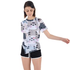 Cute Cat Couple Seamless Pattern Cartoon Asymmetrical Short Sleeve Sports Tee by Semog4