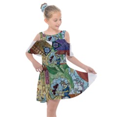 Stained Glass Rose Flower Kids  Shoulder Cutout Chiffon Dress