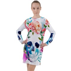 Day Of The Dead Skull Art Long Sleeve Hoodie Dress by Salman4z