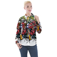 Mural Graffiti Paint Women s Long Sleeve Pocket Shirt