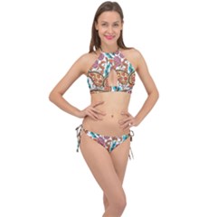 Flowers Pattern Texture White Background Paisley Cross Front Halter Bikini Set