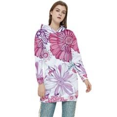 Red And Pink Flowers Vector Art Asters Patterns Backgrounds Women s Long Oversized Pullover Hoodie by Salman4z