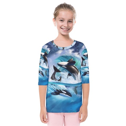 Orca Wave Water Underwater Kids  Quarter Sleeve Raglan Tee by Salman4z