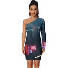 Cityscape Digital Art Long Sleeve One Shoulder Mini Dress by Salman4z