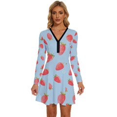 Strawberry Long Sleeve Deep V Mini Dress  by SychEva