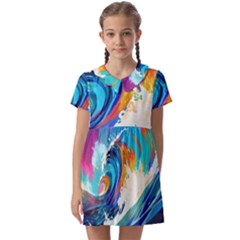 Tsunami Waves Ocean Sea Nautical Nature Water Art Kids  Asymmetric Collar Dress by Jancukart