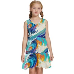 Tsunami Waves Ocean Sea Nautical Nature Water Art Kids  Sleeveless Tiered Mini Dress by Jancukart