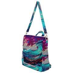 Tsunami Waves Ocean Sea Nautical Nature Water Painting Crossbody Backpack by Jancukart