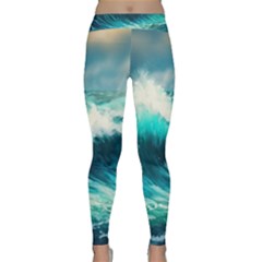 Waves Ocean Sea Tsunami Nautical Blue Classic Yoga Leggings by Jancukart