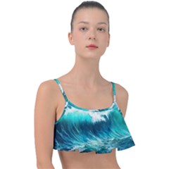 Waves Ocean Sea Tsunami Nautical Blue Frill Bikini Top