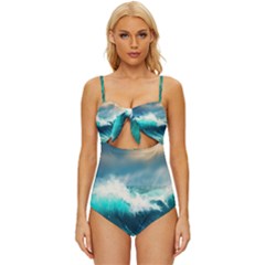 Waves Ocean Sea Tsunami Nautical Blue Knot Front One-piece Swimsuit by Jancukart