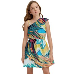 Waves Ocean Sea Tsunami Nautical 8 Kids  One Shoulder Party Dress by Jancukart