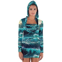 Tsunami Waves Ocean Sea Nautical Nature Water 5 Long Sleeve Hooded T-shirt by Jancukart