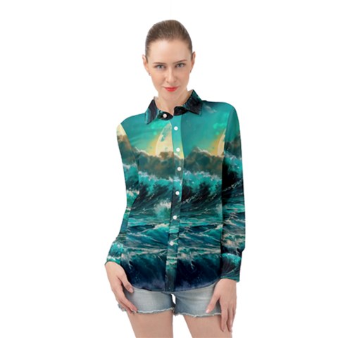 Tsunami Waves Ocean Sea Nautical Nature Water 5 Long Sleeve Chiffon Shirt by Jancukart