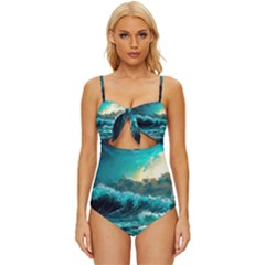 Tsunami Waves Ocean Sea Nautical Nature Water 5 Knot Front One-piece Swimsuit by Jancukart