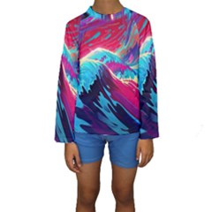 Tsunami Waves Ocean Sea Nautical Nature Water Blue Pink Kids  Long Sleeve Swimwear by Jancukart