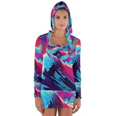 Tsunami Waves Ocean Sea Nautical Nature Water Blue Pink Long Sleeve Hooded T-shirt