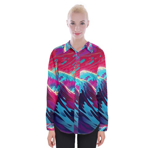 Tsunami Waves Ocean Sea Nautical Nature Water Blue Pink Womens Long Sleeve Shirt by Jancukart