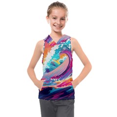 Tsunami Waves Ocean Sea Nautical Nature Water 2 Kids  Sleeveless Hoodie by Jancukart