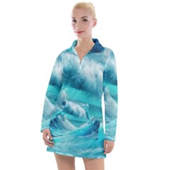 Tsunami Waves Ocean Sea Nautical Nature Water Tidal Women s Long Sleeve Casual Dress by Jancukart