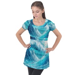 Tsunami Waves Ocean Sea Nautical Nature Water Tidal Puff Sleeve Tunic Top by Jancukart