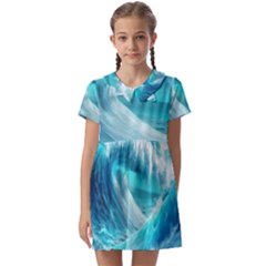 Tsunami Waves Ocean Sea Nautical Nature Water Tidal Kids  Asymmetric Collar Dress by Jancukart