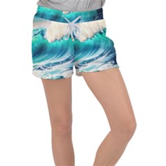 Tsunami Waves Ocean Sea Nautical Nature Water Art Ai Generated Women s Velour Lounge Shorts by Jancukart