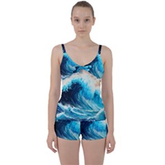 Tsunami Waves Ocean Sea Nautical Nature Water Arts Tie Front Two Piece Tankini by Jancukart