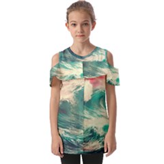 Storm Tsunami Waves Ocean Sea Nautical Nature 2 Fold Over Open Sleeve Top by Jancukart