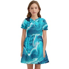 Waves Ocean Sea Tsunami Nautical 3 Kids  Bow Tie Puff Sleeve Dress by Jancukart