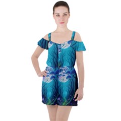 Forrest Jungle Blue Artwork Ruffle Cut Out Chiffon Playsuit