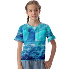 Tsunami Waves Ocean Sea Nautical Nature Water Nature Kids  Cuff Sleeve Scrunch Bottom Tee