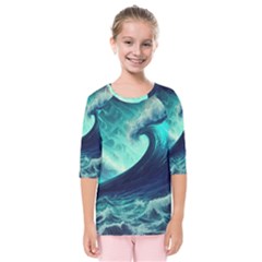 Waves Ocean Sea Tsunami Nautical Kids  Quarter Sleeve Raglan Tee