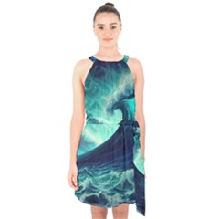 Waves Ocean Sea Tsunami Nautical Halter Collar Waist Tie Chiffon Dress