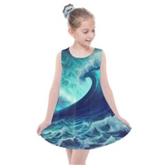 Waves Ocean Sea Tsunami Nautical Kids  Summer Dress by Jancukart