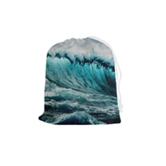 Tsunami Waves Ocean Sea Nautical Nature Water Blue Black Drawstring Pouch (medium) by Jancukart