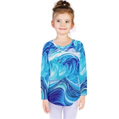 Tsunami Waves Ocean Sea Nautical Nature Abstract Blue Water Kids  Long Sleeve Tee