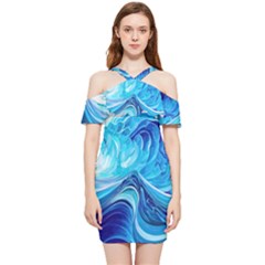 Tsunami Waves Ocean Sea Nautical Nature Abstract Blue Water Shoulder Frill Bodycon Summer Dress by Jancukart