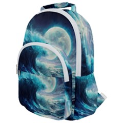 Tsunami Waves Ocean Sea Nautical Nature Water 4 Rounded Multi Pocket Backpack by Jancukart