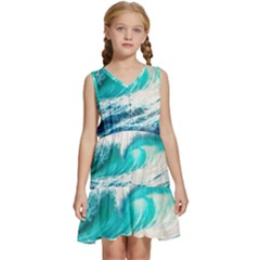 Tsunami Waves Ocean Sea Nautical Nature Water Blue Nature Kids  Sleeveless Tiered Mini Dress by Jancukart