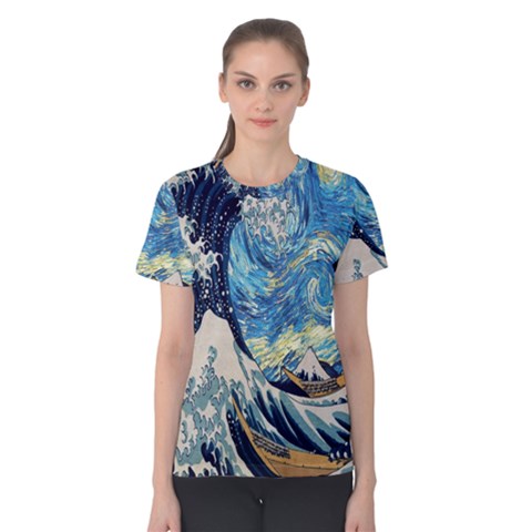 The Great Wave Of Kanagawa Painting Starry Night Van Gogh Women s Cotton Tee by Sudheng