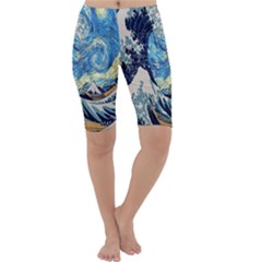 The Great Wave Of Kanagawa Painting Starry Night Van Gogh Cropped Leggings  by Sudheng