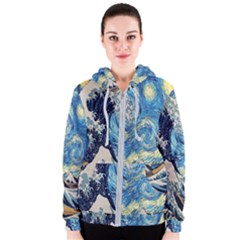 The Great Wave Of Kanagawa Painting Starry Night Van Gogh Women s Zipper Hoodie by Sudheng