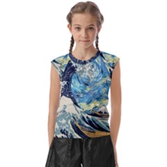 Starry Night Hokusai Van Gogh The Great Wave Off Kanagawa Kids  Raglan Cap Sleeve Tee by Sudheng